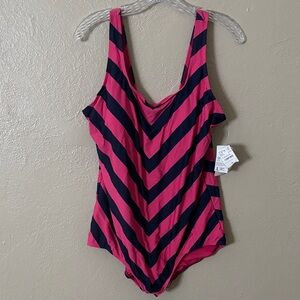 Lands End Swim Womens Plus Chevron One Piece Swimsuit Navy Pink, Size 18 NWT